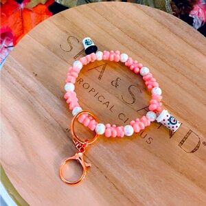 Wristlet Keychain, with Pink Bears and Pearls 🧋☕️🧋